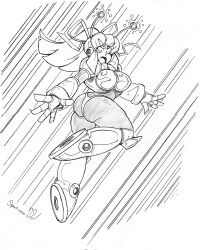 antennae armor armored_boots armored_gloves arms_up bikini_armor boots breasts flying hair_ribbon hairband headphones highres hyper_roll_(marvel_vs._capcom) ink jet_boots joints knee_boots large_breasts lineart long_hair marvel_vs._capcom mechanical_arms mechanical_boots mechanical_legs mega_man_(classic) mega_man_(series) open_mouth ponytail pumpkinsareholy radio_antenna red_armor ribbon robot robot_girl robot_joints roll_(mega_man) shoulder_armor sidelocks signature smile