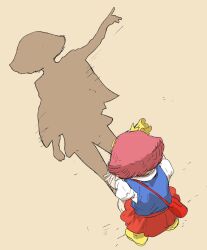 1girl boots crossed_arms crossover different_shadow gundam hairband haman_karn highres magical_girl mahou_no_princess_minky_momo meme minky_momo pink_hair red_skirt ribbon road shadow_puppet shoes short_hair skirt street tamakoshi_horiyuki zeta_gundam