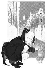 14yuruis 1girl bag blue_archive cat choker demon_girl demon_horns demon_wings ear_piercing from_side greyscale hand_in_pocket highres holding holding_bag horns jacket kayoko_(blue_archive) long_hair looking_at_animal monochrome multicolored_hair petting piercing plaid_clothes plaid_skirt pleated_skirt ponytail single_wing skirt solo two-tone_hair wings