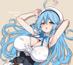 1girl :o ahoge arm_behind_head armpits arms_up bare_shoulders beret black_corset blue_bow blue_bowtie blue_hair blue_nails blush bow bowtie breasts buttons cleavage cleavage_cutout clothing_cutout collared_shirt corset crossed_bangs double-parted_bangs dutch_angle flower frilled_shirt frills gradient_hair hair_between_eyes hair_flower hair_ornament half_updo hat heart heart_ahoge highres hirowa_nagi hololive huge_breasts long_hair looking_at_viewer lying multicolored_hair on_back open_mouth pink_hair pointy_ears shirt simple_background sleeveless sleeveless_shirt solo streaked_hair sweat teeth unfinished upper_teeth_only very_long_hair very_sweaty virtual_youtuber white_hat white_shirt yellow_background yellow_eyes yukihana_lamy yukihana_lamy_(1st_costume)