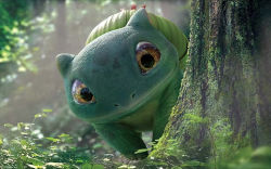 3d brown_eyes bulbasaur closed_mouth commentary creature day english_commentary gen_1_pokemon grass looking_at_viewer mpc_film nature nintendo no_humans official_art outdoors pokemon pokemon_(creature) pokemon_tcg solo standing third-party_source tree