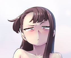 1girl blush brown_hair closed_mouth commentary completely_nude frown geewhy gradient_background kagari_atsuko little_witch_academia nude one_side_up out-of-frame_censoring pink_background portrait red_eyes solo symbol-only_commentary