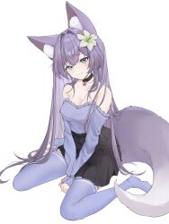 1girl animal_ear_fluff animal_ears bare_shoulders black_choker black_skirt blue_eyes breasts choker cleavage closed_mouth commentary double-parted_bangs english_commentary flower flower_choker fox_ears fox_girl fox_tail frilled_shirt frills frown green_flower hair_flower hair_intakes hair_ornament hand_between_thighs head_tilt highres indie_virtual_youtuber kaioura large_breasts large_tail lifted_by_tail lily_(flower) long_hair long_sleeves looking_at_viewer miniskirt moofie_(artist) no_shoes off-shoulder_shirt off_shoulder pink_flower pleated_skirt purple_hair purple_tail purple_theme purple_thighhighs shirt sitting skirt sleeves_past_wrists solo straight_hair tail thighhighs virtual_youtuber wariza