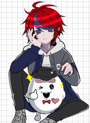 1boy ahoge blue_eyes blue_hair hand_on_own_cheek hand_on_own_face highres hood hoodie long_sleeves looking_down male_focus messy_hair multicolored_hair red_hair simple_background sirei_(hundred_line) sitting sumino_takumi the_hundred_line_-last_defense_academy- thumbs_up white_background