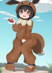 1girl absurdres animal_ears black_hair blush brown_eyes cosplay crying crying_with_eyes_open eevee_(cosplay) eevee_ears eevee_tail embarrassed fake_animal_ears fake_tail female_focus flat_chest highres knees_together_feet_apart loli long_sleeves nintendo open_mouth osippotail pee peeing peeing_self poke_kid_(pokemon) pokemon pokemon_swsh pokemon_tail puddle sweat tail tears wet wet_clothes