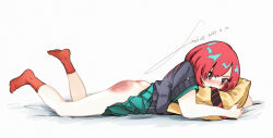 1girl absurdres amate_yuzuriha aqua_eyes aqua_hair ass blush clothes_lift crying crying_with_eyes_open fireball_666 full_body gundam gundam_gquuuuuux highres lying multicolored_eyes multicolored_hair necktie no_shoes on_stomach red_eyes red_hair red_socks skirt skirt_lift socks solo spanked tears two-tone_eyes two-tone_hair white_background