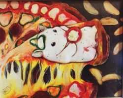 artist_name artist_request bell_pepper bell_pepper_slice cheese cheese_trail close-up commentary_request eating food food_focus hamster in_food lying no_humans on_back original pepperoni pizza signature tomato