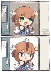 1girl :3 antlers aqua_neckerchief brown_hair crack deer_antlers deer_girl doorway highres horns huge_horns long_sleeves meme miica_(toastblender) neckerchief nokotan_entering_a_classroom_(meme) open_mouth sailor_collar scene_reference school_uniform shikanoko_noko shikanoko_nokonoko_koshitantan shirt short_hair solo white_shirt