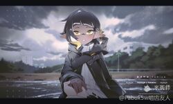 1girl 1other artist_name black_coat black_hair blonde_hair blurry blurry_background clenched_teeth coat dark-skinned_female dark_skin ear_piercing eyebrow_cut gradient_hair hair_behind_ear highres holding_hands hood hood_down hooded_coat inkling inkling_girl inkling_player_character letterboxed long_pointy_ears long_sleeves looking_at_viewer mihuashi_logo multicolored_hair nintendo open_clothes open_coat outdoors pabuk5w piercing pointy_ears pov pov_hands ribbed_sweater solo_focus splatoon_(series) sweater teeth tentacle_hair turtleneck turtleneck_sweater watermark white_sweater yellow_eyes
