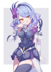 1girl absurdres alternate_costume asymmetrical_legwear blue_hair breasts colored_inner_hair dress elbow_gloves flower gloves hair_flower hair_ornament highres joshua_dave juno_(warship_girls_r) looking_at_viewer multicolored_hair purple_hair smile solo streaked_hair thighhighs tongue tongue_out warship_girls_r yellow_eyes