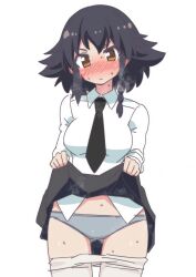 1girl absurdres anzio_school_uniform black_hair black_necktie black_skirt blush braid brown_eyes closed_mouth clothes_lift clothes_pull commentary cowboy_shot crotch_seam dress_shirt frown girls_und_panzer grey_panties highres lifting_own_clothes long_sleeves looking_at_viewer miniskirt necktie okaasan_(okaasandx) panties pantyhose pantyhose_pull pepperoni_(girls_und_panzer) pleated_skirt school_uniform shirt short_hair side_braid simple_background skirt skirt_lift solo standing sweat textless_version underwear white_background white_pantyhose white_shirt wing_collar