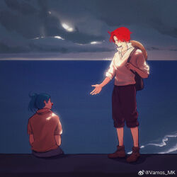 Rule 34 | 2boys, blue hair, brown shoes, buggy the clown, closed mouth, clown nose, full body, grey sky, hat on back, looking at another, male focus, multiple boys, ocean, offering hand to another, one piece, outdoors, overcast, ponytail, red hair, shanks (one piece), shirt, shoes, short hair, sitting, sky, standing, vamos mk, white shirt