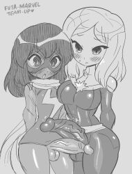 2futa blush breasts captain_marvel dark-skinned_female dark_skin english_text futa_with_futa futanari highres large_breasts large_penis marvel mask monochrome ms._marvel multiple_futa penis rariatto_(ganguri) small_breasts superhero_costume testicles