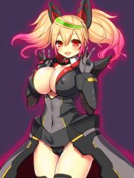 1girl asamura_hiori breasts cameltoe cleavage covered_erect_nipples covered_navel fang female_focus gene_(pso2) gloves highres large_breasts phantasy_star phantasy_star_online_2 pink_eyes smile solo thighs twintails v