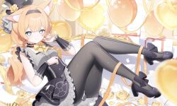 1girl animal_ear_fluff animal_ears aoitsuki black_headband black_overskirt black_pantyhose blue_archive choker dress flower flower_hat fluffy_hair frilled_choker frills full_body grey_dress grey_feathers halo hat hat_flower headband highres idol idol_clothes long_hair mari_(blue_archive) mari_(idol)_(blue_archive) mini_hat mini_top_hat official_alternate_costume orange_hair pantyhose rose solo top_hat wrist_wrap yellow_flower yellow_halo yellow_rose
