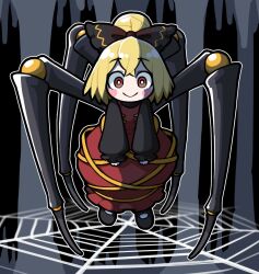 1girl arthropod_limbs black_background black_bow black_shirt black_shoes blonde_hair blush_stickers bow brown_dress brown_eyes buttons closed_mouth commentary_request dress extra_legs full_body grey_background hair_bow hair_bun kurodani_yamame long_dress long_sleeves looking_at_viewer mary_janes pinafore_dress ribbon shirt shoes short_hair silk single_hair_bun sleeveless sleeveless_dress smile socks solidus_(sword_cube) solo spider_web touhou white_socks yellow_ribbon