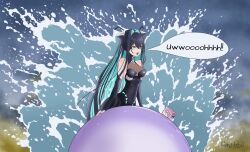 Rule 34 | 1girl, :3, absurdres, aqua hair, artist name, bare shoulders, black hair, bodysuit, breasts, bun cover, cleavage, colored inner hair, commentary, cone hair bun, doro (nikke), double bun, elbow gloves, english commentary, fingerless gloves, gloves, goddess of victory: nikke, hair bun, hair intakes, halterneck, highres, little mermaid (nikke), long hair, maku pen, multicolored hair, on bubble, open mouth, parody, pink eyes, pink hair, radio antenna, see-through cleavage, see-through clothes, signature, speech bubble, teeth, the little mermaid (disney), turtleneck, upper teeth only, very long hair, water, waves, yellow eyes