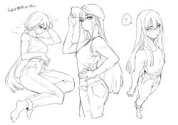 1girl adjusting_clothes adjusting_headwear arm_support ass baseball_cap concept_art deltoids denim half-closed_eyes hand_on_own_hip hat high-waist_pants highres jeans knees_up long_hair long_sidelocks low_ponytail lying mogumo monochrome muscular muscular_female on_side original pants ponytail scar scar_on_arm sidelocks simple_background standing sweatdrop tsurime upturned_eyes very_long_hair vest white_background