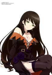 1girl absurdres arm_support armpit_crease aru_majo_ga_shinu_made belt belt_buckle black_belt black_dress black_hair black_thighhighs breasts buckle cleavage closed_mouth collarbone copyright_name copyright_notice dress dress_flower earrings flower garter_straps green_eyes head_tilt highres inori_(aru_majo) jewelry large_breasts long_hair long_sleeves looking_at_viewer magazine_scan megami_magazine mole mole_under_eye off-shoulder_dress off_shoulder official_art purple_flower ruri_(whomor) scan shade shiny_skin side_slit simple_background sitting smile solo swept_bangs thighhighs thighs white_background
