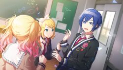 Rule 34 | 1boy, 2girls, aqua eyes, black choker, black jacket, black sweater, blonde hair, blue eyes, blue hair, bow, bow hairband, brown cardigan, cardigan, chalkboard, choker, classroom, collared shirt, colorful palette, game cg, gradient hair, hair between eyes, hair ornament, hairband, hairclip, highres, jacket, kagamine rin, kaito (vocaloid), leo/need kaito, leo/need rin, looking at another, michibiku yuuki yasashisa wo mune ni (project sekai), multicolored hair, multiple girls, musical note, necktie, official art, open mouth, pin, pink hair, pink necktie, project sekai, sailor collar, shirt, star (symbol), sweater, tenma saki, third-party source, tie clip, triangle, vocaloid, white bow, white sailor collar, white shirt, x hair ornament