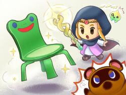 1boy 1girl animal_crossing artist_name blonde_hair blue_cloak blue_eyes blue_hood boots brown_footwear chair chibi circlet cloak crossover dress froggy_chair highres holding holding_wand hood hooded_cloak nintendo open_mouth pink_dress princess_zelda solid_oval_eyes sparkle suruga_kanade the_legend_of_zelda the_legend_of_zelda:_echoes_of_wisdom tom_nook_(animal_crossing) tri_(zelda) wand