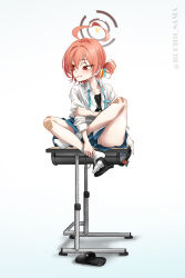 1girl absurdres ahoge bandaid bandaid_on_knee bandaid_on_leg blue_archive blue_skirt blush bucho_sama desk fang fang_out food_in_mouth halo highres indian_style mole mole_under_eye neru_(blue_archive) panties pantyshot pink_hair ponytail red_eyes school_desk school_uniform short_hair sitting skirt slippers smile socks solo spread_legs underwear white_panties white_socks