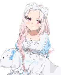 1girl animal_ear_hairband animal_ears bangs_pinned_back braid breasts cleavage collarbone fake_animal_ears hairband juliet_sleeves long_sleeves looking_at_viewer nijisanji official_alternate_costume pajamas pink_eyes pink_hair puffy_sleeves shiina_yuika simple_background single_braid smile solo spaghetti_strap stuffed_animal stuffed_toy twitter_username umapote virtual_youtuber white_background
