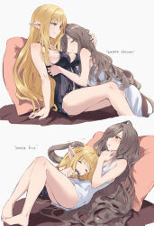 2girls babydoll barefoot between_legs biting_another&#039;s_hair black_babydoll blonde_hair brown_hair closed_mouth cuddling cushion dress english_text hair_over_one_eye hand_on_another&#039;s_head highres hug jojobirdz long_hair multiple_girls orange_eyes pointy_ears sense_(sousou_no_frieren) serie_(sousou_no_frieren) sitting smile sousou_no_frieren white_dress yuri