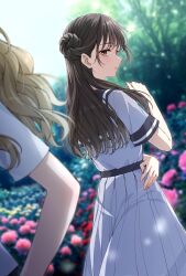 2girls absurdres black_sailor_collar blue_reflection_(series) blue_reflection_maboroshi_ni_mau_shoujo_no_ken blue_reflection_ray blue_sky blurry blurry_background brown_eyes brown_hair character_request closed_mouth commentary_request day depth_of_field flower hair_bun highres multiple_girls outdoors pink_flower pleated_skirt sailor_collar shirt short_sleeves single_side_bun skirt sky solo_focus somechime_(sometime1209) white_shirt white_skirt yellow_flower