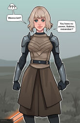 1girl armor artist_name belt black_belt black_gloves blonde_hair blue_eyes commentary energy_sword english_commentary english_text gloves highres holding holding_sword holding_weapon lightsaber looking_at_viewer medium_hair olena_minko orange_lightsaber patreon_username pauldrons shin_hati shoulder_armor solo speech_bubble star_wars star_wars:_ahsoka sword vambraces watermark weapon web_address
