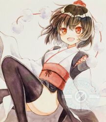 1girl :d ass bare_shoulders black_hair black_thighhighs breasts detached_sleeves hat highres japanese_clothes kimono kourindou_tengu_costume long_sleeves looking_at_viewer obi open_mouth pom_pom_(clothes) red_eyes red_hat red_ribbon red_sash ribbon sash shameimaru_aya short_hair small_breasts smile solo thighhighs tokin_hat touhou traditional_media upper_body utako_(kuromosuki) white_kimono white_sleeves