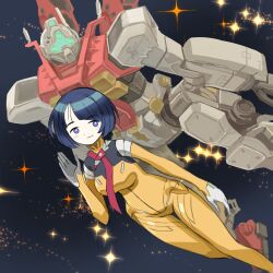 1girl absurdres black_hair blue_eyes bodysuit breasts closed_mouth commentary gelgoog gelgoog_(gquuuuuux) green_visor gundam gundam_gquuuuuux highres level-00 looking_at_viewer mecha mecha_pilot_suit medium_breasts mobile_suit normal_suit_(gundam) robot science_fiction shiiko_sugai short_hair smile space waving yellow_bodysuit