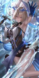 1girl absurdres arm_up armpits bare_shoulders black_collar black_dress blue_eyes blush breast_curtains breasts chromatic_aberration collar commentary cowboy_shot crown_of_thorns cupman dress fleurdelys_(wuthering_waves) highres holding holding_sword holding_weapon horns huge_breasts incoming_attack jewelry long_horns necklace open_mouth single_horn solo sword thighs weapon wuthering_waves yellow_horns