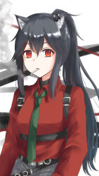 Rule 34 | 1girl, animal ear fluff, animal ear piercing, animal ears, arknights, black hair, black shirt, black undershirt, cigarette, closed mouth, collared shirt, commentary, green necktie, hair between eyes, highres, long hair, long sleeves, looking at viewer, mouth hold, necktie, official alternate costume, orange eyes, ponytail, red shirt, shirt, smoke, smoking, solo, strap, texas (arknights), texas (willpower) (arknights), turtleneck, turtleneck shirt, undershirt, white background, wolf ears, wolf girl, you steelo