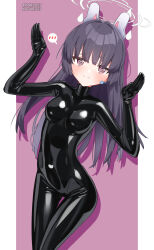 Rule 34 | 1girl, @ @, absurdres, black bodysuit, black hair, blue archive, blush, bodysuit, breasts, drop shadow, halo, highres, latex, latex bodysuit, maguro27, miyu (blue archive), red eyes, shiny clothes, skin tight, small breasts, solo, spoken blush