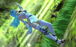 1girl 3d animal_ears blue_hair breasts elbow_gloves elf female_focus from_below full_body gloves highres long_hair outdoors plant pointy_ears solo standing tail thighhighs viara yusya_digital