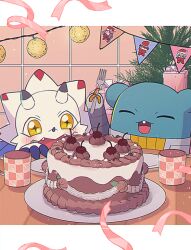 amanokawa_hiro cake christmas cyborg digimon digimon_(creature) food gammamon higashimitarai_kiyoshiro open_mouth teeth tsukiyono_ruli