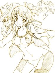 Rule 34 | 10s, 1girl, bad id, bad twitter id, bent over, bike shorts, breasts, cowboy shot, female focus, groin, gundam, gundam build fighters, gundam build fighters try, hoshino fumina, jacket, kannagi kaname, midriff, monochrome, navel, ponytail, sketch, solo, sports bra, standing, white background, winning gundam