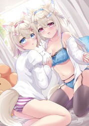 Rule 34 | 2girls, alternate costume, animal ear fluff, animal ears, black thighhighs, blonde hair, blue bra, blue eyes, blue hair, blue panties, blush, bra, breasts, cleavage, collarbone, dog ears, dog girl, dog tail, fuwawa abyssgard, garter belt, garter straps, hair between eyes, hair ornament, hairclip, highres, hololive, hololive english, kishimaharuno, large breasts, long hair, long sleeves, looking at viewer, looking back, mococo abyssgard, multiple girls, navel, open mouth, panties, pink eyes, pink hair, puffy sleeves, shirt, short hair, siblings, sisters, smile, stomach, striped clothes, striped panties, tail, thighhighs, twins, underwear, virtual youtuber, white shirt, x hair ornament