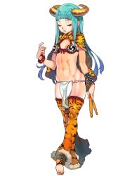 1girl abs animal_print bikini bikini_top_only breasts drumsticks closed_eyes eyeshadow f.s. green_hair horns lipstick loincloth long_hair makeup revealing_clothes small_breasts swimsuit tiger_print