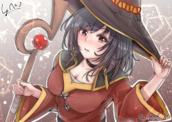 Rule 34 | 1girl, aga marino, alternate costume, bad id, bad twitter id, black hair, blush, breasts, cape, cleavage, commentary request, cosplay, female focus, gloves, hat, holding, kantai collection, kono subarashii sekai ni shukufuku wo!, large breasts, looking at viewer, megumin, megumin (cosplay), red eyes, short hair, solo, staff, witch hat, yamashiro (kancolle)