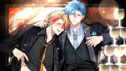 Rule 34 | 2boys, alcohol, arm around neck, axel syrios, black shirt, black vest, blazer, blonde hair, blue hair, blue necktie, blush, champagne, champagne tower, clothes lift, collar chain (jewelry), collared shirt, crown (artist), cup, diffraction spikes, drinking glass, formal clothes, hand on another&#039;s shoulder, handkerchief, holostars, holostars english, jacket, lapel chain, lapel pin, lens flare, licking lips, lipstick mark, male focus, multicolored hair, multiple boys, necktie, official alternate costume, red hair, red streaks, regis altare, shirt, shirt lift, smile, streaked hair, striped necktie, suit, tie clip, tongue, tongue out, upper body, vest, virtual youtuber, waistcoat, white shirt, wine glass