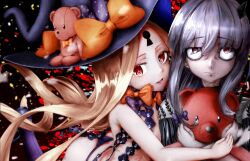 2girls abigail_williams_(fate) abigail_williams_(second_ascension)_(fate) absurdres bags_under_eyes black_panties blonde_hair commentary_request fate/grand_order fate_(series) flat_chest green_hair hat highres hug keyhole lavinia_whateley_(fate) looking_at_viewer mt_(mt_203) multiple_girls panties red_eyes revealing_clothes smile stuffed_animal stuffed_toy teddy_bear underwear wide-eyed witch_hat