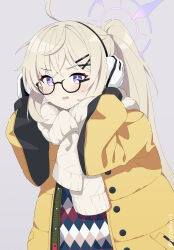 1girl 2525butsuri2 absurdres ahoge argyle_clothes argyle_sweater black-framed_eyewear black_gloves blonde_hair blue_archive blue_sweater blush brown_sweater earmuffs glasses gloves grey_background halo hands_up highres jacket kotama_(blue_archive) kotama_(camp)_(blue_archive) looking_at_viewer multicolored_sweater official_alternate_costume open_clothes open_jacket parted_lips purple_eyes purple_halo scarf semi-rimless_eyewear simple_background solo sweater twitter_username two-tone_gloves under-rim_eyewear upper_body v-shaped_eyebrows white_gloves white_scarf white_sweater yellow_jacket