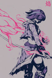 1girl akramness armor armored_dress aura dress energy highres hood hoodie japanese_text katana midriff short_hair sword tagme tattoo translation_request warrior waves weapon