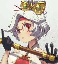 Rule 34 | 1girl, bare shoulders, black gloves, breasts, commentary, flute, glasses, gloves, goggles, goggles on head, hair ornament, hair stick, headband, holding, holding instrument, instrument, jk arts, large breasts, nintendo, parted lips, purah, recorder, red-framed eyewear, red eyes, red headband, round eyewear, sheikah, shirt, sleeveless, sleeveless shirt, solo, the legend of zelda, the legend of zelda: tears of the kingdom, upper body, white background, white hair