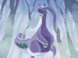 colored_skin fog fusenryo gen_6_pokemon goodra green_eyes nintendo no_humans pokemon pokemon_(creature) purple_skin solo standing tail tree