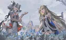 3girls absurdres black_dress black_flower blake_bloom_(wuthering_waves) blonde_hair blue_eyes blue_veil breasts camellya_(wuthering_waves) cartethyia_(wuthering_waves) commentary_request crown_of_thorns dress flower hair_flower hair_ornament hair_vines hand_up highres ian46166491 long_hair looking_at_another multiple_girls open_mouth outdoors pointy_ears shorekeeper_(wuthering_waves) short_hair sidelocks small_breasts smile tabard tacet_mark_(wuthering_waves) two-tone_veil unamused veil white_dress white_hair white_tabard white_veil wuthering_waves