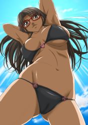 1girl absurdres arms_up bikini black_bikini black_eyes black_hair female_focus from_below glasses heart highres long_hair original red-framed_eyewear solo swimsuit wolfpack