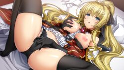 1girl black_gloves black_panties black_ribbon black_thighhighs blonde_hair blue_eyes blush breasts breasts_out detached_sleeves elbow_gloves female_masturbation fingering game_cg gloves grabbing_own_breast hair_between_eyes high_ponytail inoino kouyoku_senki_exs-tia large_breasts large_variant_set long_hair looking_at_viewer lying masturbation masturbation_through_clothes medium_breasts nipples non-web_source official_art on_back open_mouth panties pillow ponytail ribbon rieszverne_suzette_paladill solo spread_legs thighhighs tiara underwear unworn_gloves variant_set very_long_hair